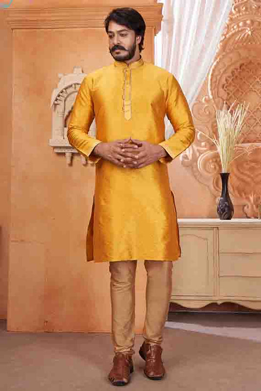 Mustard Colour Kurta Pajama In Jacquard Silk VSKP1210050