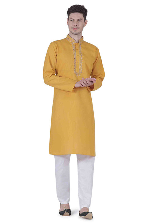 Mustard Colour Kurta Pajama In Linen Texture Cotton VSKP1210145