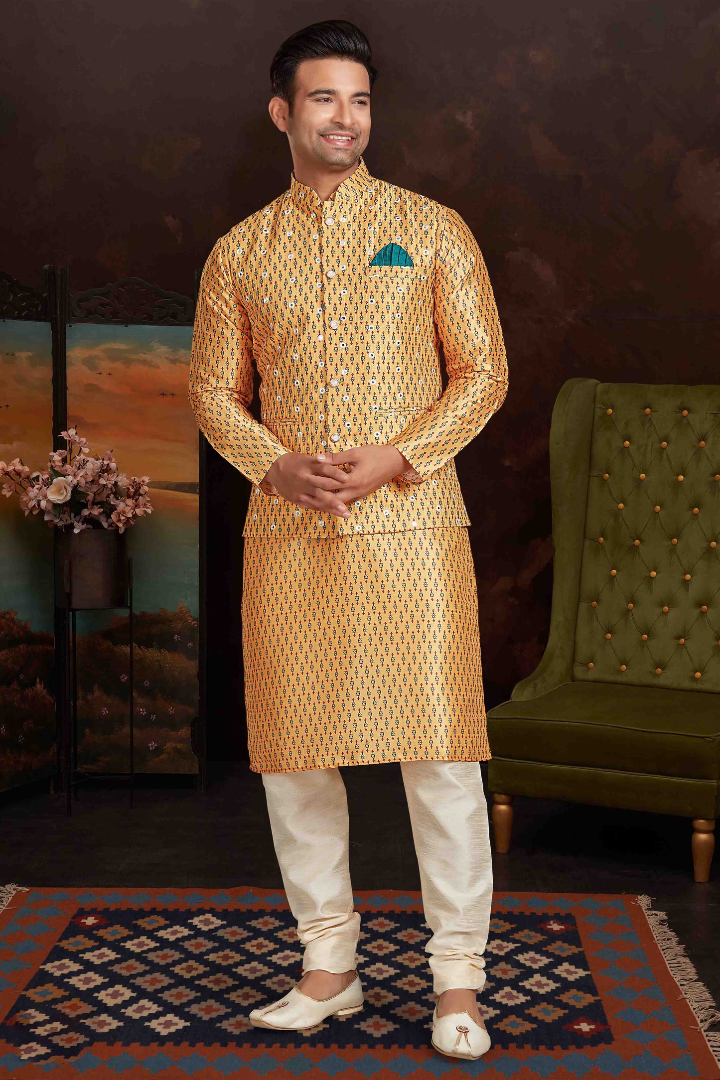 Mustard Colour Kurta Pajama With Jacket In Malai Silk VSKP1210433