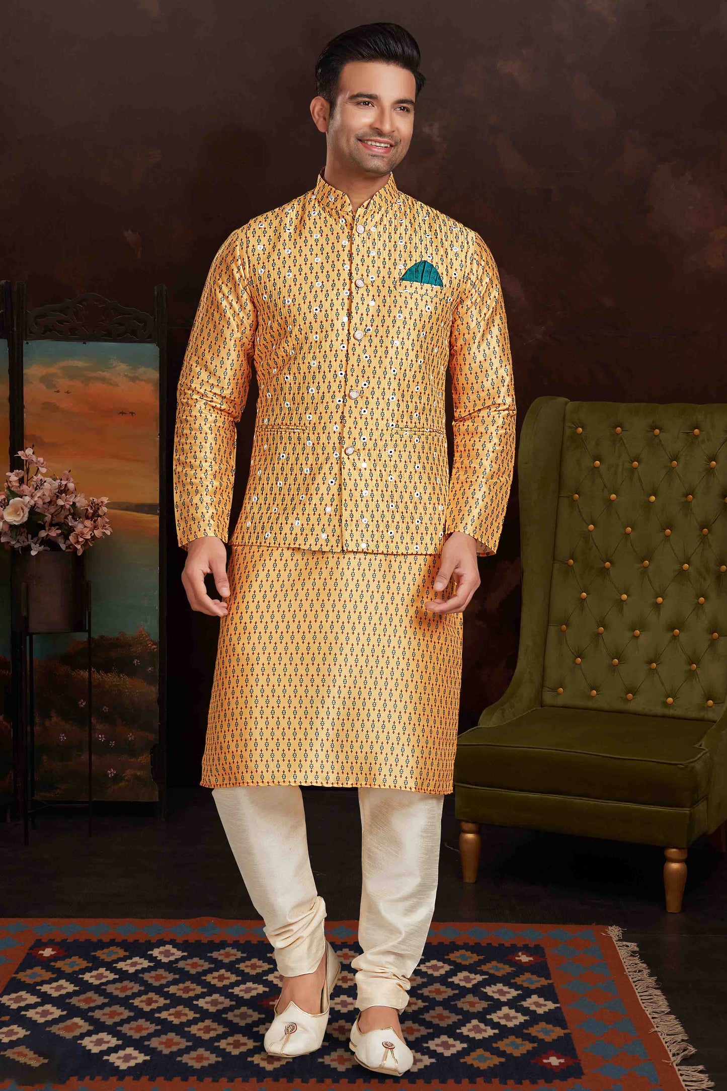 Mustard Colour Kurta Pajama With Jacket In Malai Silk VSKP1210433