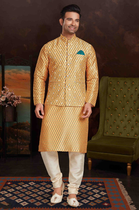 Mustard Colour Kurta Pajama With Jacket In Malai Silk VSKP1210433