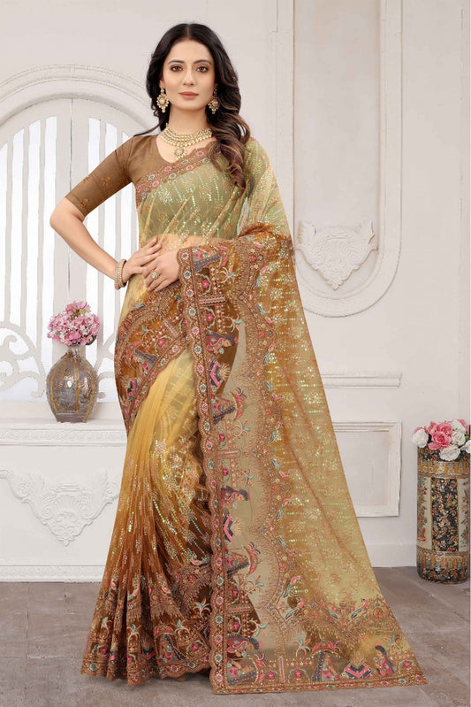 Mustard Colour Net Embroidery Saree VSSD1120887