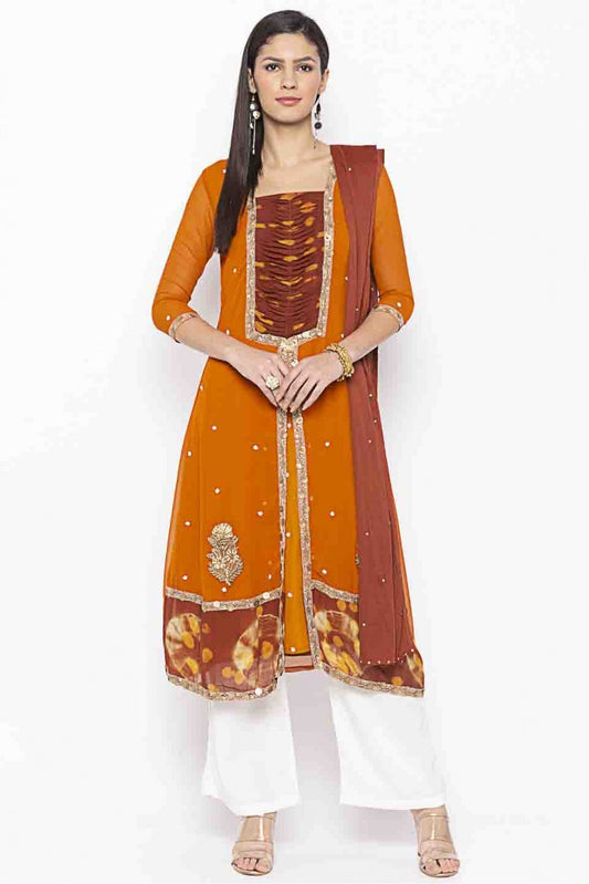 Mustard Colour Plus Size Stitched Georgette Embroidery Palazzo Pant Suit VSSS1070218