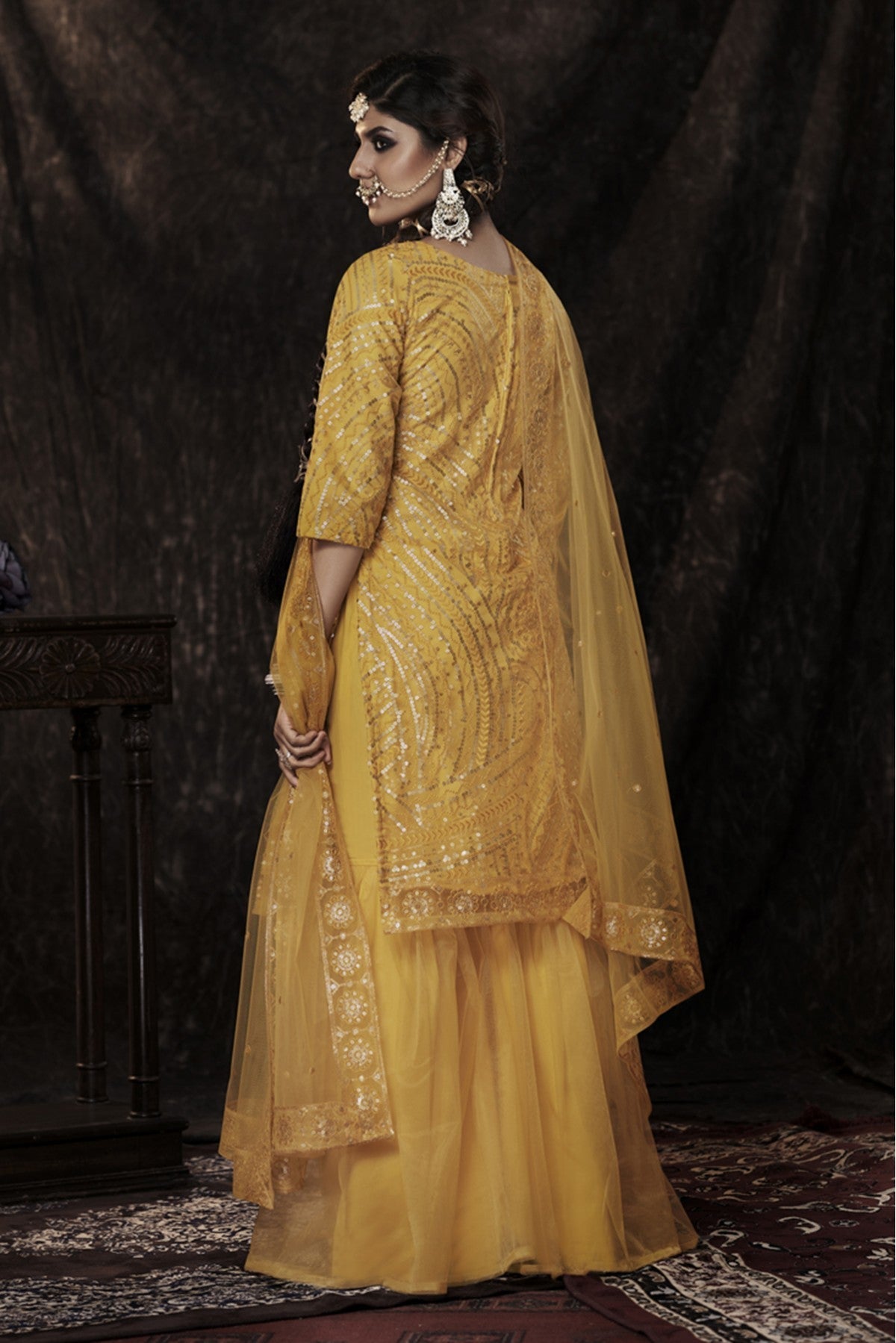 Mustard Colour Soft Net Sequins Work Sharara Suit VSSM1080665