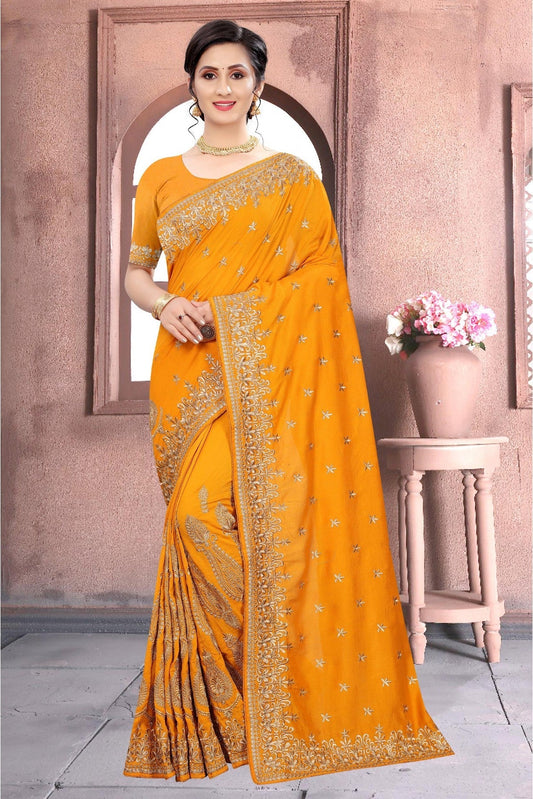 Mustard Colour Vichitra Silk Embroidery Saree VSSD1120158