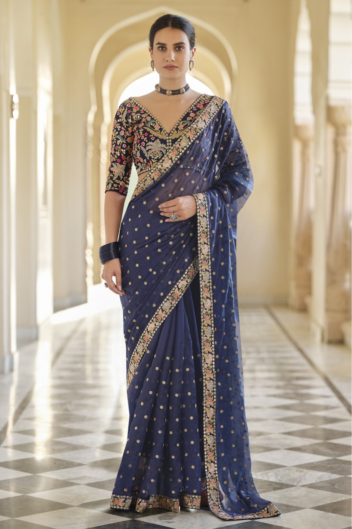 Navy Blue Colour Art Silk Sequins Work Saree