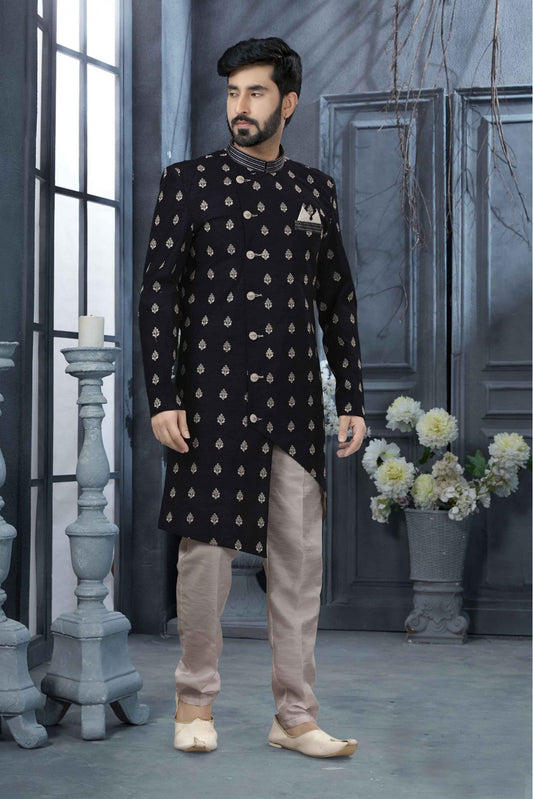 Navy Blue Colour Art Silk Thread Work Sherwani VSSH1040337