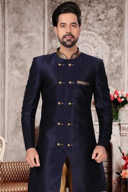Navy Blue Colour Brocade Silk Dhoti Sherwani VSSH1040288
