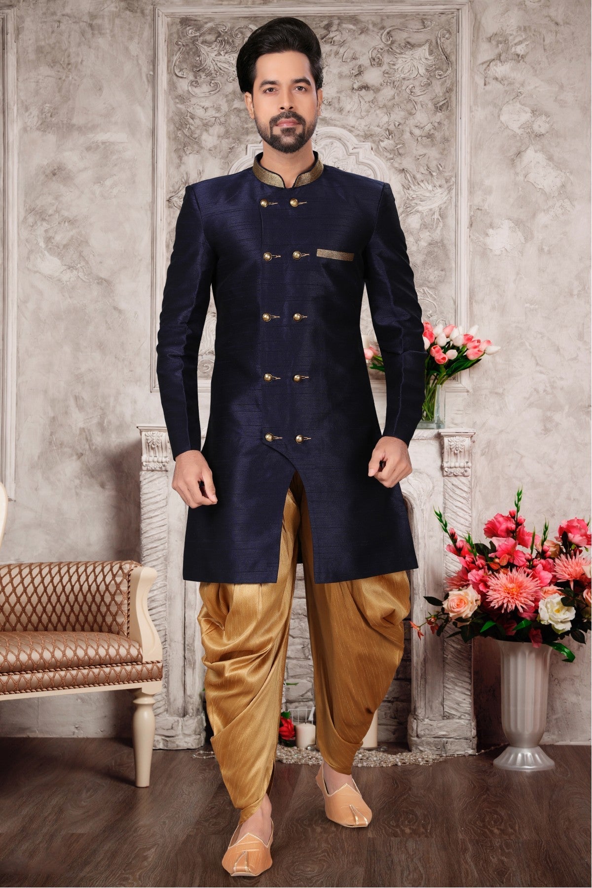 Navy Blue Colour Brocade Silk Dhoti Sherwani VSSH1040288
