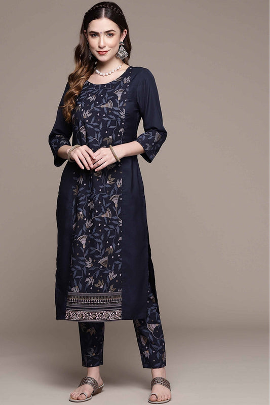 Navy Blue Colour Crepe Foil Print Kurta With Pant VSKR1060142