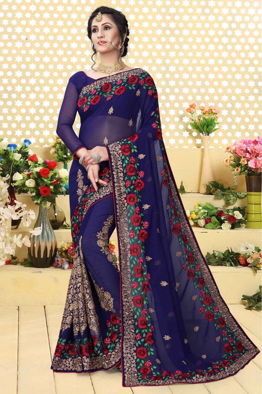 Navy Blue Colour Georgette Embroidered Saree VSSD1120423