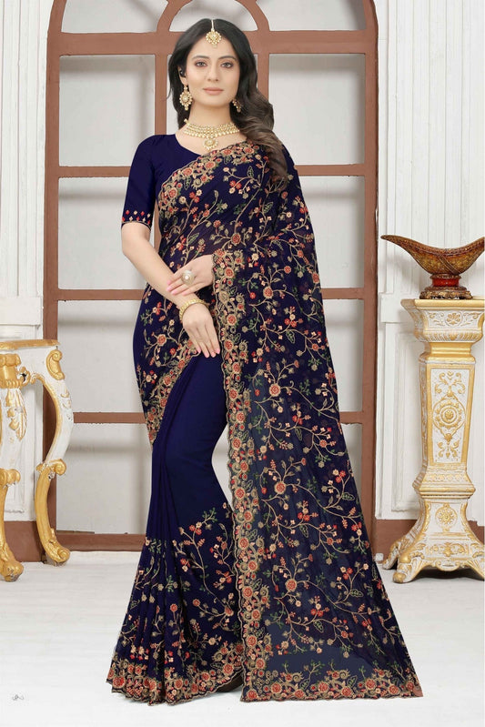 Navy Blue Colour Georgette Embroidery Saree VSSD1090322
