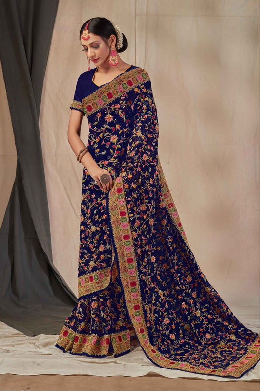 Navy Blue Colour Georgette Embroidery Saree VSSD1120900