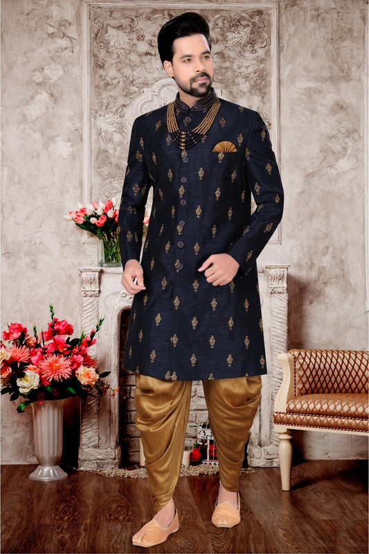Navy Blue Colour Jacquard Dhoti Sherwani VSSH1040293