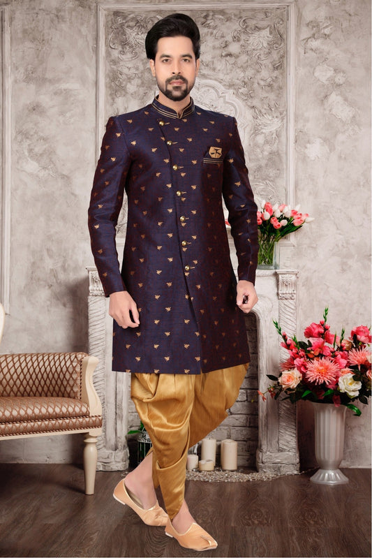 Navy Blue Colour Jacquard Dhoti Sherwani VSSH1040304