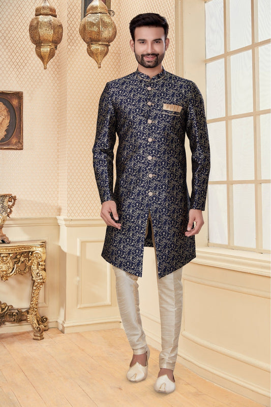 Navy Blue Colour Jacquard Sherwani VSSH1040266