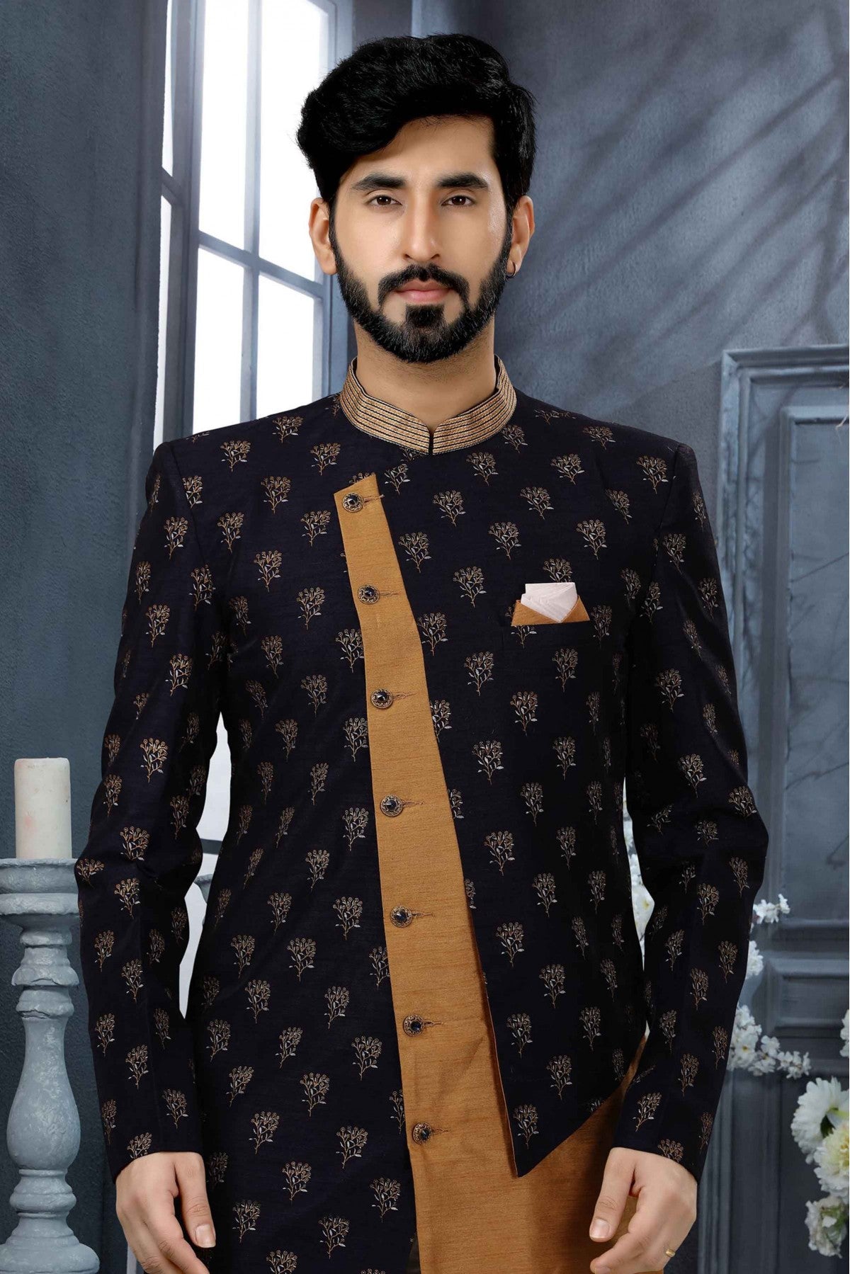 Navy Blue Colour Jacquard Thread Work Sherwani VSSH1040352