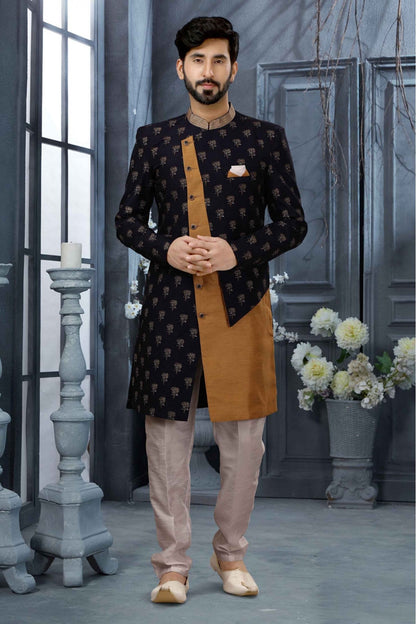 Navy Blue Colour Jacquard Thread Work Sherwani VSSH1040352