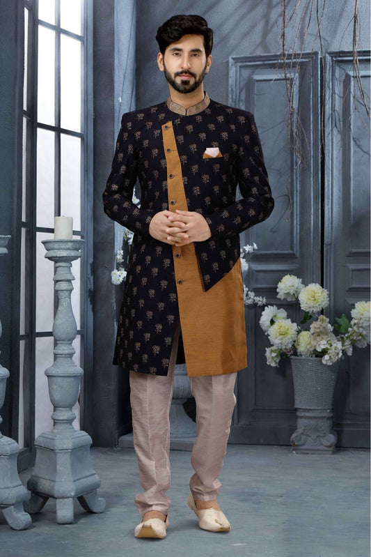 Navy Blue Colour Jacquard Thread Work Sherwani VSSH1040352