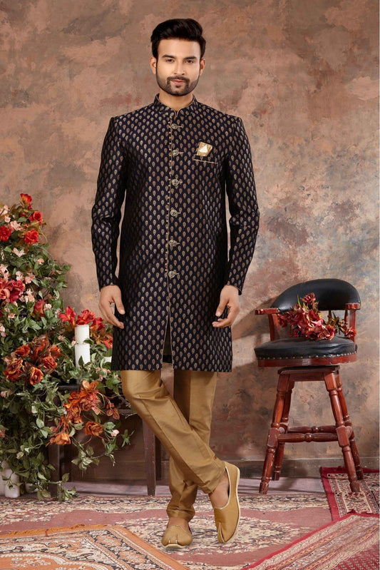 Navy Blue Colour Jacquard Woven Sherwani VSSH1040330