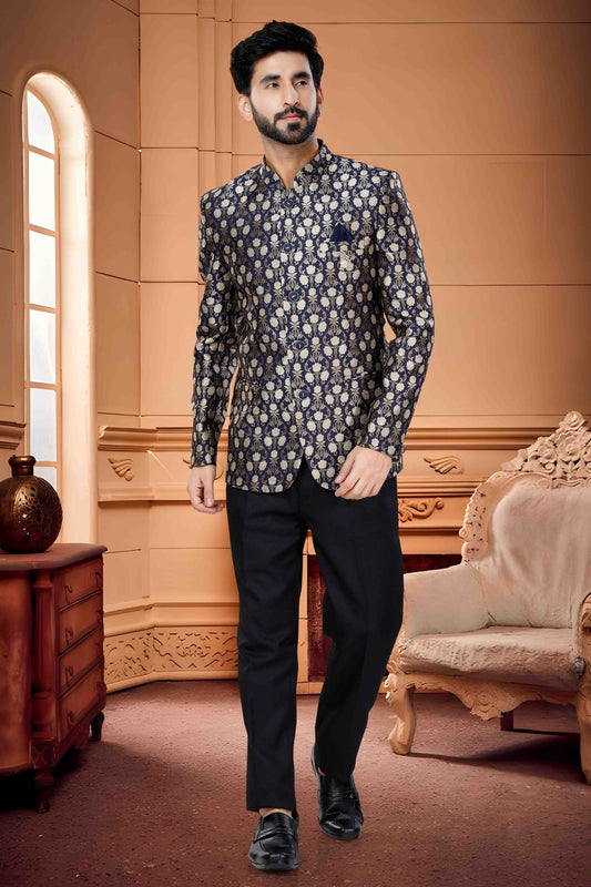 Navy Blue Colour Jodhpuri In Jacquard Fabric VSJP1130169