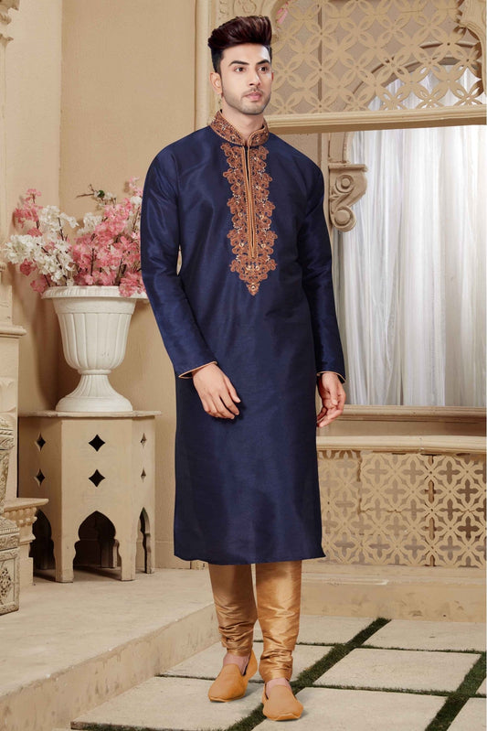Navy Blue Colour Kurta Pajama In Art Dhupion Fabric VSKP1040011