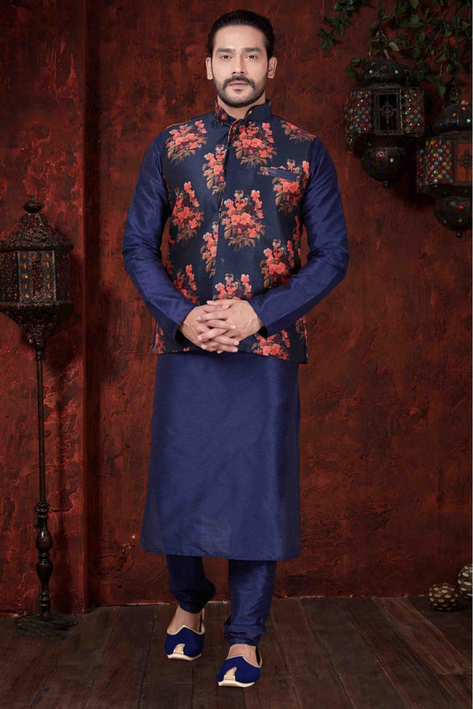 Navy Blue Colour Kurta Pajama In Art Dhupion Fabric VSKP1040044