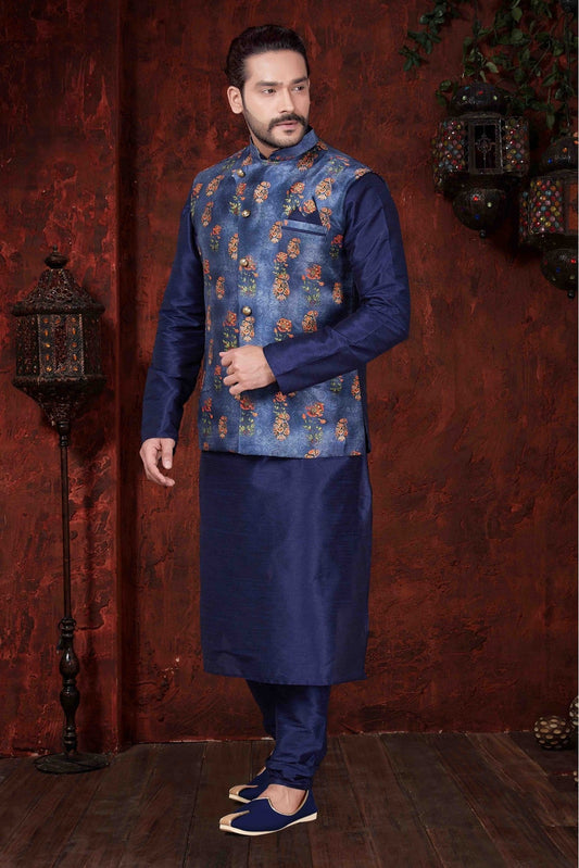 Navy Blue Colour Kurta Pajama In Art Dhupion Fabric VSKP1040045