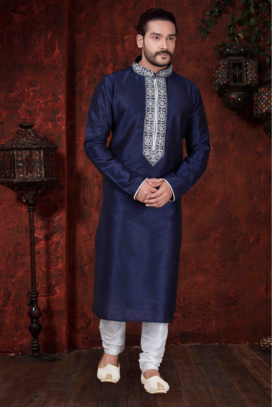 Navy Blue Colour Kurta Pajama In Art Dhupion Fabric VSKP1040056