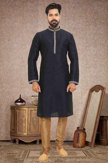 Navy Blue Colour Kurta Pajama In Dupion Silk VSKP1210134