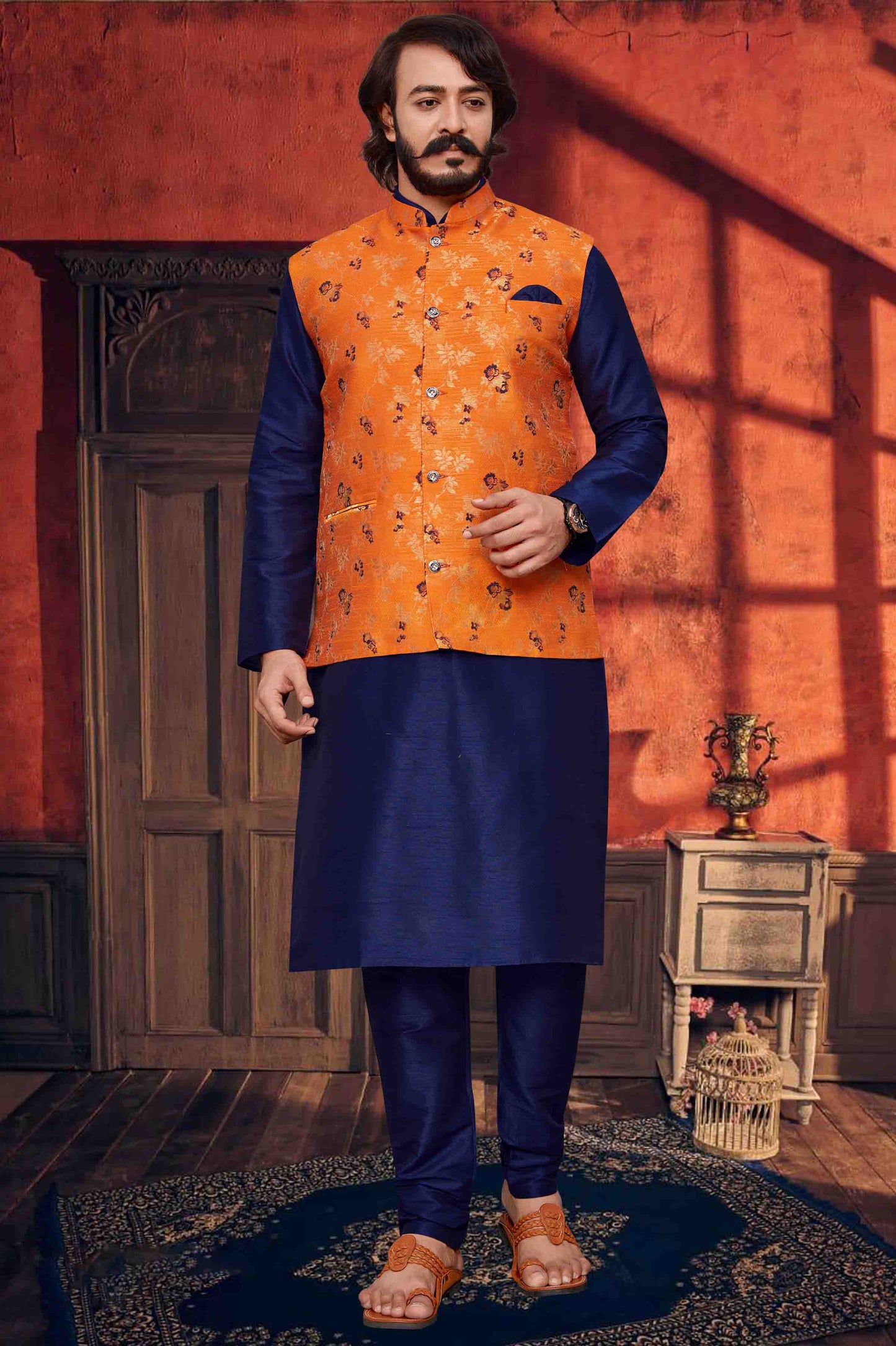 Navy Blue Colour Kurta Pajama With Jacket In Art Silk VSKP1210351