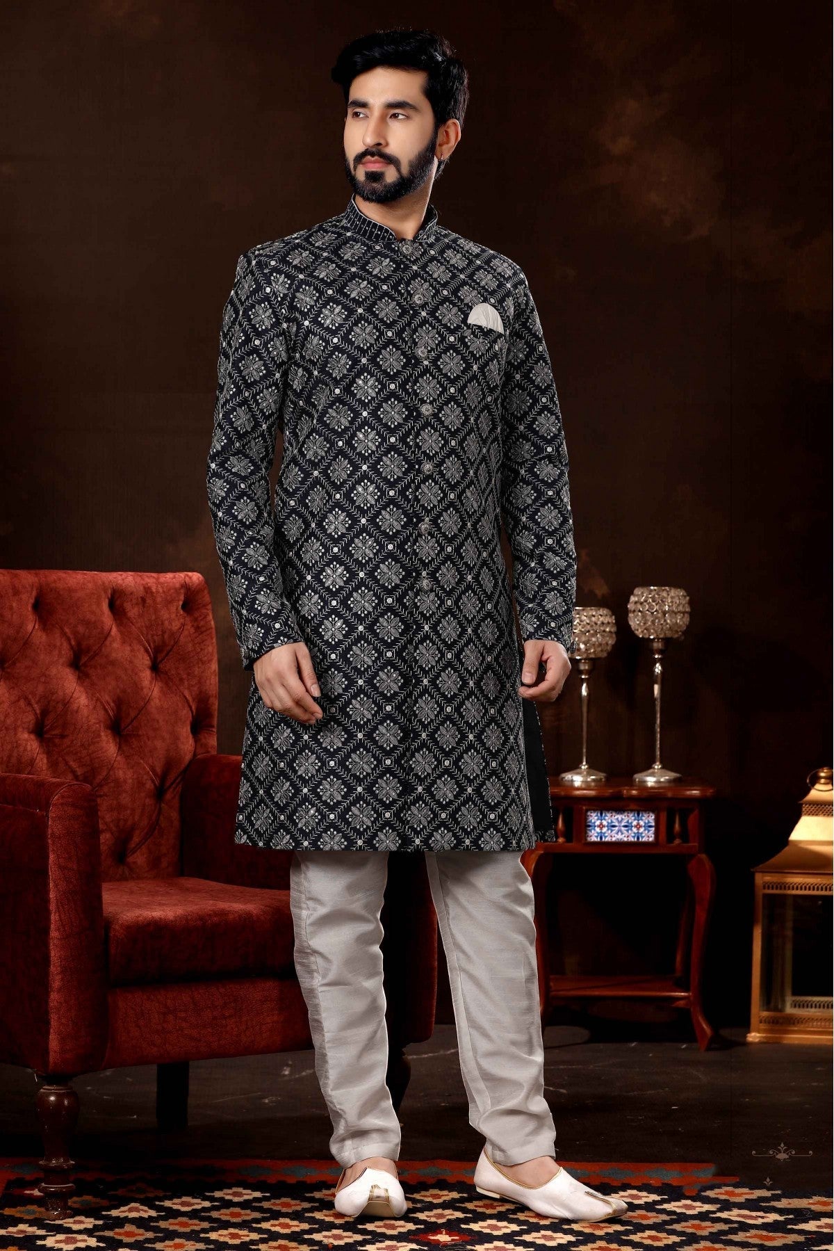 Navy Blue Colour Lucknowi Sherwani VSSH1040372