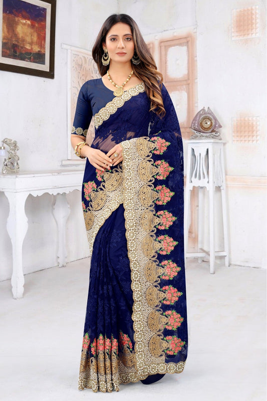 Navy Blue Colour Net Embroidery Saree VSSD1090220