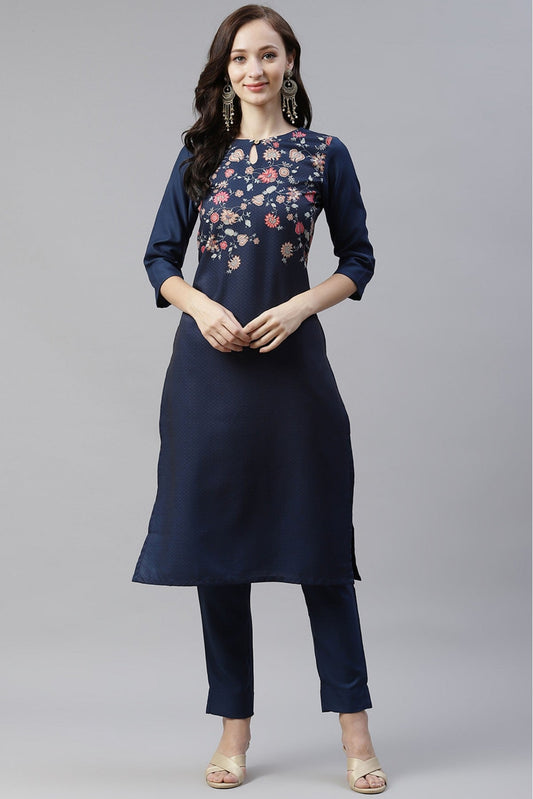 Navy Blue Colour Plus Size Poly Rayon Digital Print Kurti With Pant Set VSKR1060092