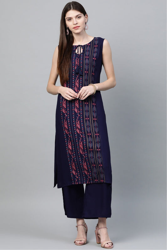 Navy Blue Colour Plus Size Rayon Straight Kurti VSKR1060223