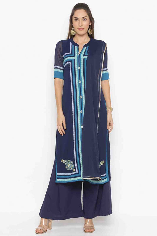 Navy Blue Colour Plus Size Stitched Georgette Embroidery Palazzo Pant Suit VSSS1070225