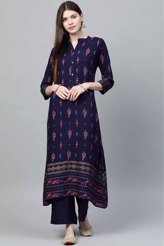 Navy Blue Colour Rayon Foil Print Kurta With Palazzo VSKR1060030