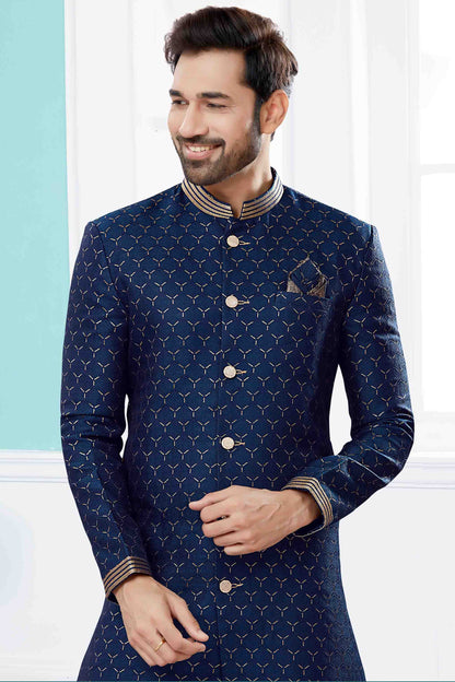 Navy Blue Colour Sherwani In Jacquard Fabric VSSH1040412