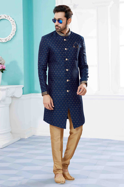 Navy Blue Colour Sherwani In Jacquard Fabric VSSH1040412