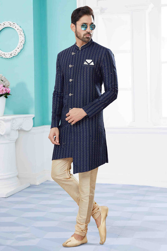 Navy Blue Colour Sherwani In Jacquard Fabric VSSH1040420