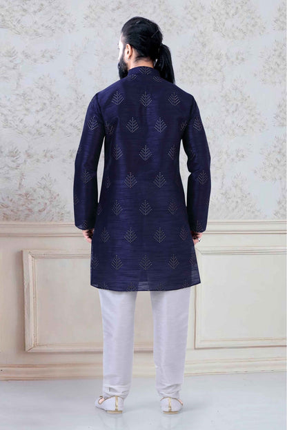 Navy Blue Colour Silk Festival Wear Kurta Pajama VSKP1130049