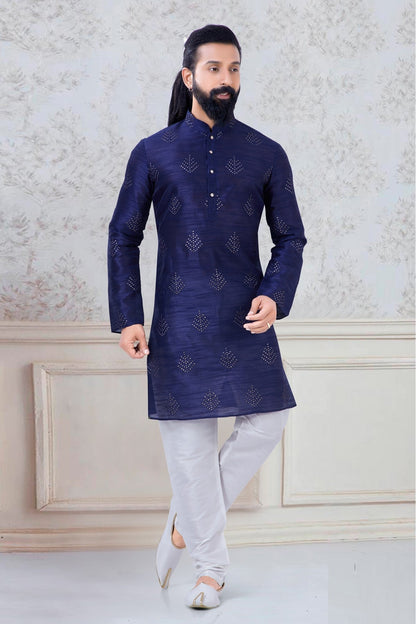 Navy Blue Colour Silk Festival Wear Kurta Pajama VSKP1130049