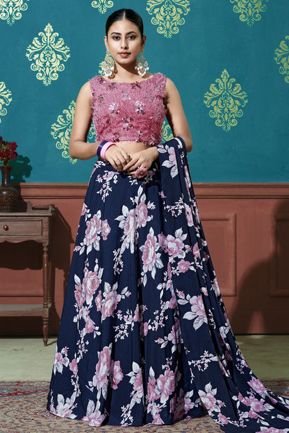Navy Blue Colour Silk Printed Lehenga Choli VSLC1150074