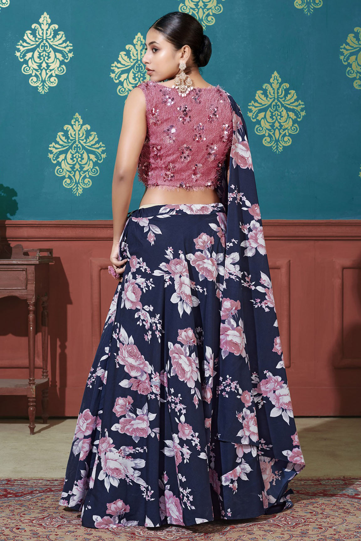 Navy Blue Colour Silk Printed Lehenga Choli VSLC1150074