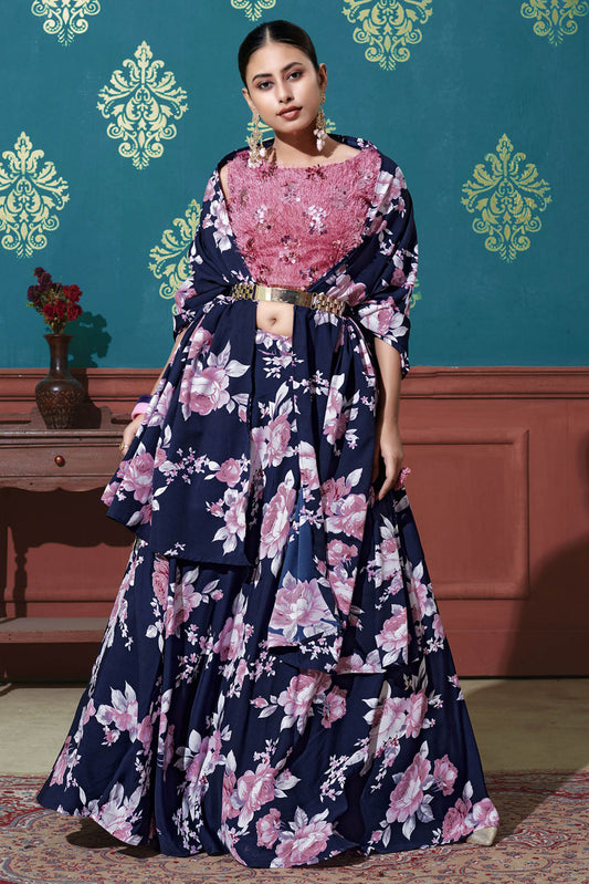 Navy Blue Colour Silk Printed Lehenga Choli VSLC1150074
