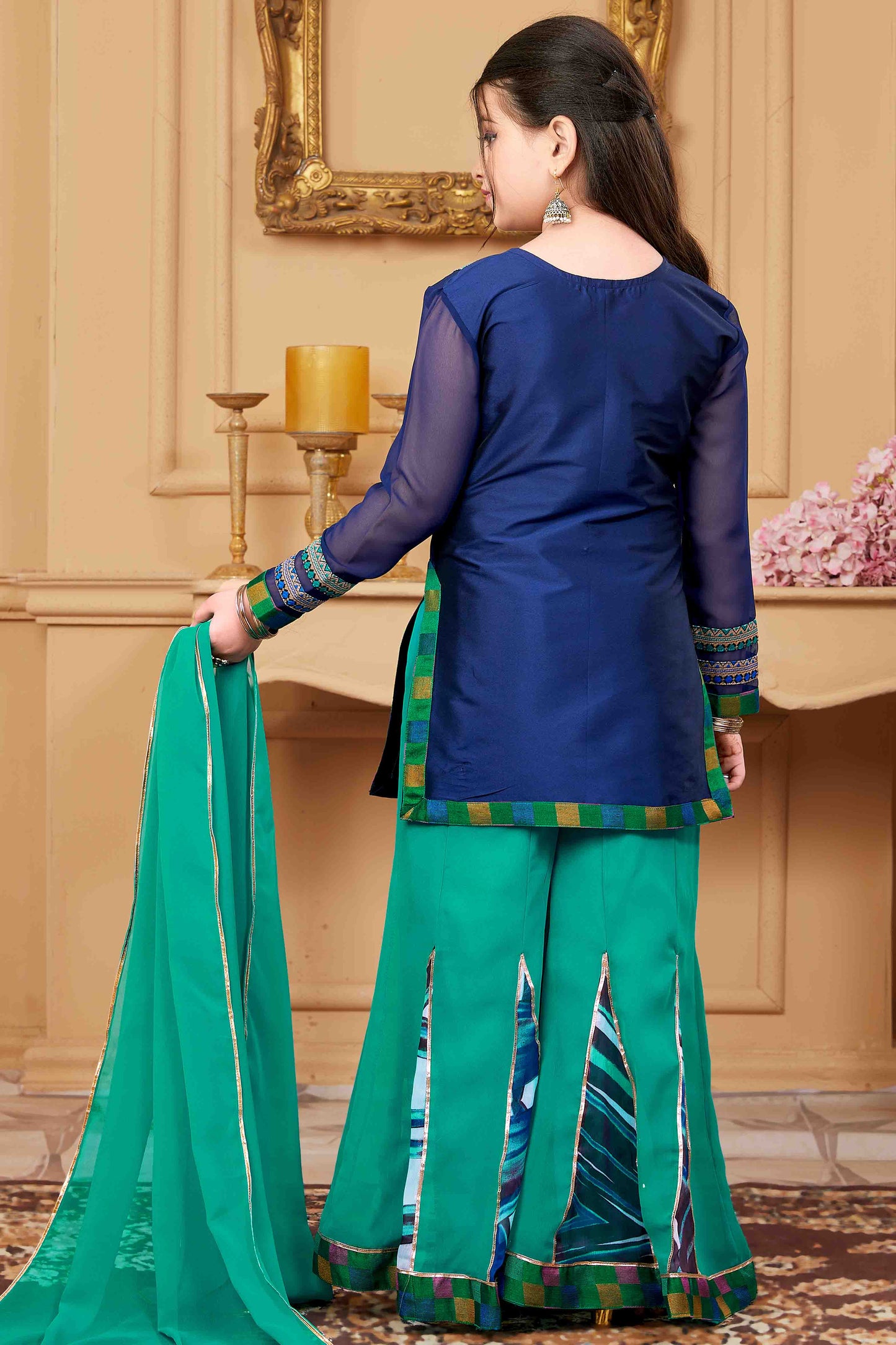 Navy Blue Colour Taffeta Palazzo Pant Suit VSGW1070777