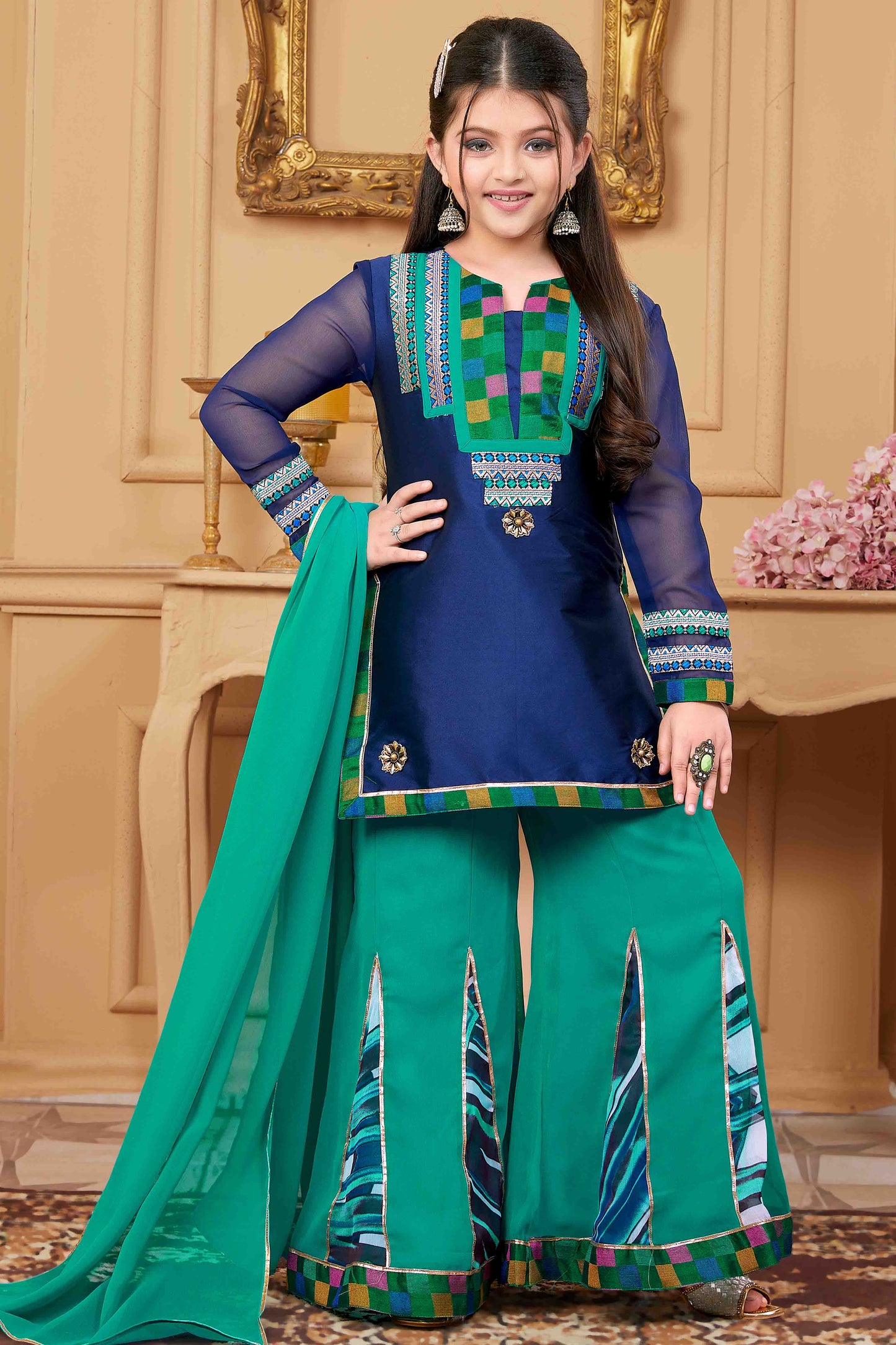 Navy Blue Colour Taffeta Palazzo Pant Suit VSGW1070777