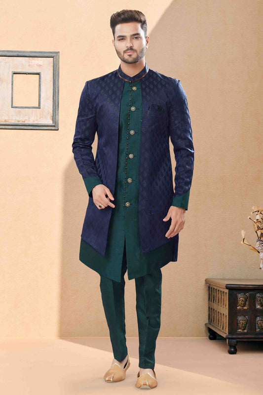 Navy Blue and Green Colour Indo Western In Banarasi Jacquard Fabric VSSH1040428