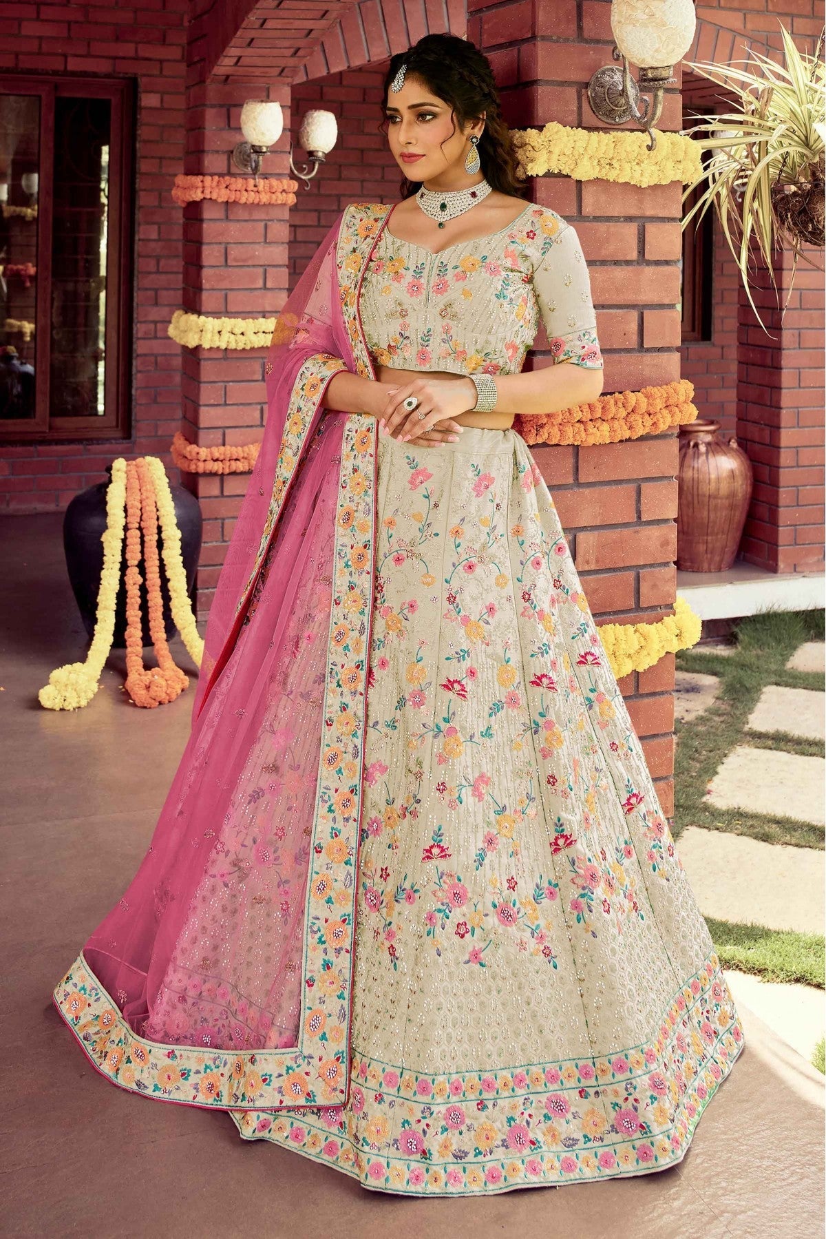 Off White Colour Art Silk Resham Work Lehenga Choli VSLC1080123