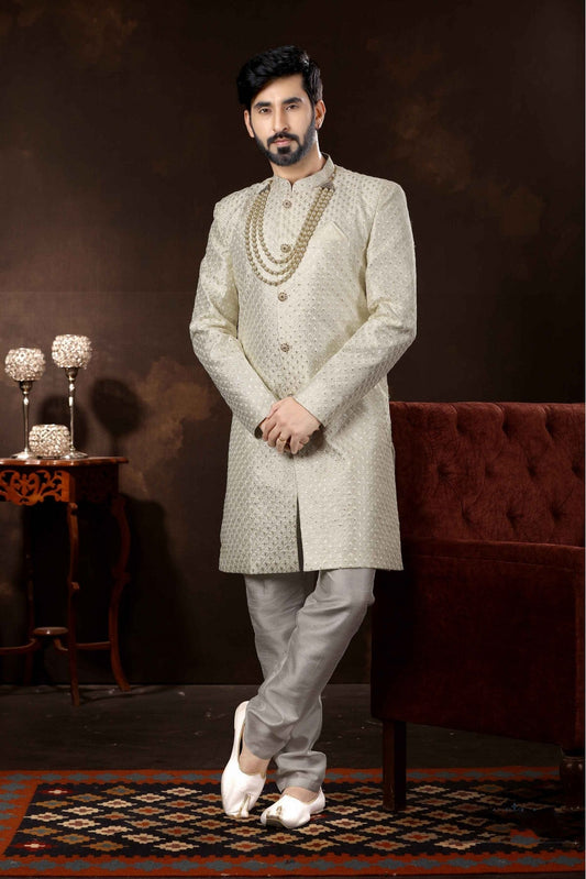 Off White Colour Art Silk Sherwani VSSH1040357